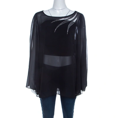 Pre-owned Blumarine Sheer Black Crepe Beaded Trim Cape Sleeve Blouse L