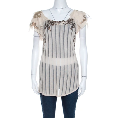 Pre-owned Kenzo Buttercream Foil Print Striped Knit Layered Tulle Sleeve Top Xl In Cream
