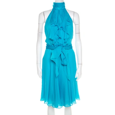 Pre-owned Ralph Lauren Sky Blue Silk Ruffled Blackless Halter Dress M