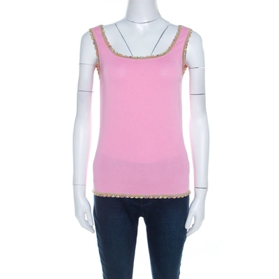 Pre-owned Escada Baby Pink Stretch Knit Sequined Lace Trim Sleeveless Top M