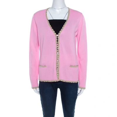 Pre-owned Escada Pink Knit Sequined Lace Trim Button Front Cardigan M
