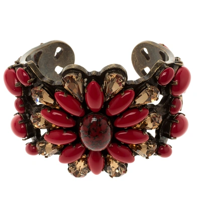 Pre-owned Etro Red Cabochon & Crystal Flower Statement Open Cuff Bracelet