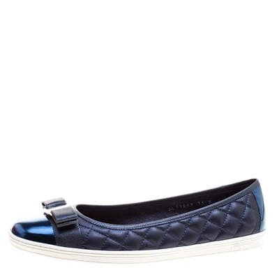 Pre-owned Ferragamo Metallic Blue Quilted Leather Rufina Sneaker Ballet Flats Size 41.5