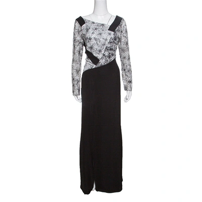Pre-owned Tadashi Shoji Monochrome Floral Embroidered Marissa Gown M In Black