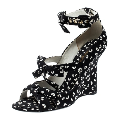 Pre-owned Louis Vuitton Black Printed Fabric Bow Ankle Strap Wedges Sandals Size 38
