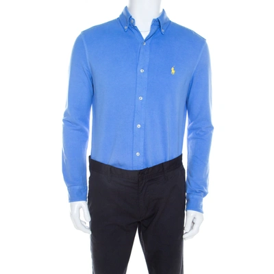 Pre-owned Ralph Lauren Featherweight Mesh Cabana Blue Cotton Pique Knit Long Sleeve Shirt S