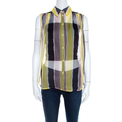 Pre-owned Versace Collection Multicolor Striped Sheer Silk Pearl Button Detail Sleeveless Shirt M
