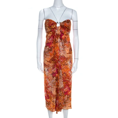 Pre-owned Celine Orange Abstract Print Sheer Silk Pleated Strapless Bodice Maxi Dress S
