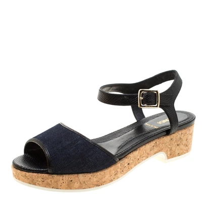 Pre-owned Fendi Blue Denim And Black Lizard Embossed Leather Cork Platform Ankle Strap Sandals Size 38