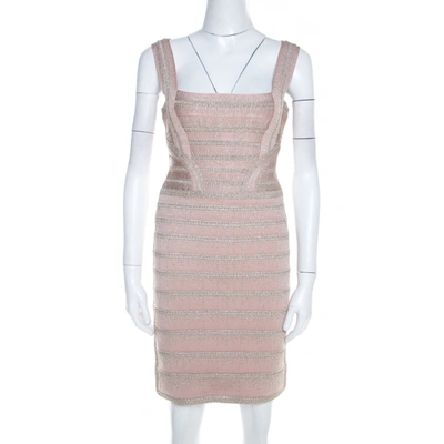 Pre-owned Herve Leger Light Pink And Metallic Crochet Knit Alyia Bandage Dress M