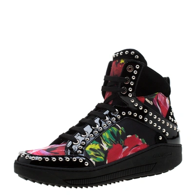 Pre-owned Dsquared2 Multicolor Floral Print Canvas And Patent Leather Studded High Top Sneakers Size 38 In Black