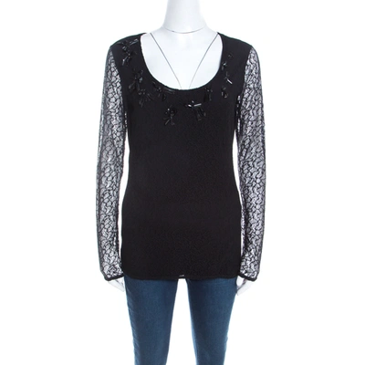 Pre-owned Escada Black Lace Overlay Jersey Crystal Embellished Scoop Neck Erbrou Top S