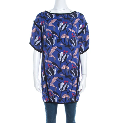 Pre-owned Escada Ink Blue Floral Print Silk Blend Naternia Tunic Top M