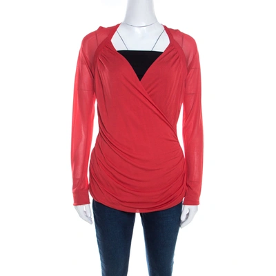 Pre-owned Escada Lipstick Red Stretch Knit Draped Faux Wrap Bodice Top M