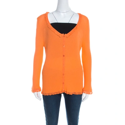 Pre-owned Escada Orange Rib Knit Crochet Trim Button Front Cardigan L
