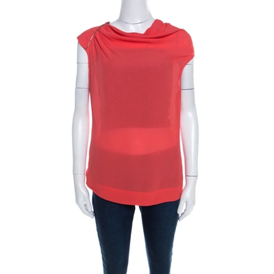 Pre-owned Escada Coral Orange Silk Embellished Cowl Neck Sleeveless Neslisah Top M