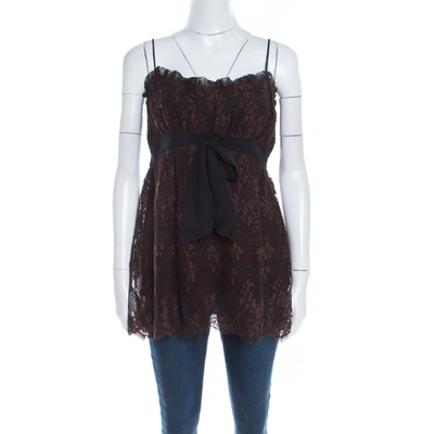 Pre-owned Escada Brown Floral Cotton Lace Babydoll Top L