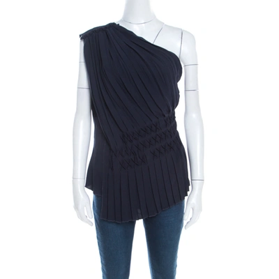 Pre-owned Escada Navy Blue Pleated Crepe Honeycomb Smocking Detail One Shoulder Nienke Top M