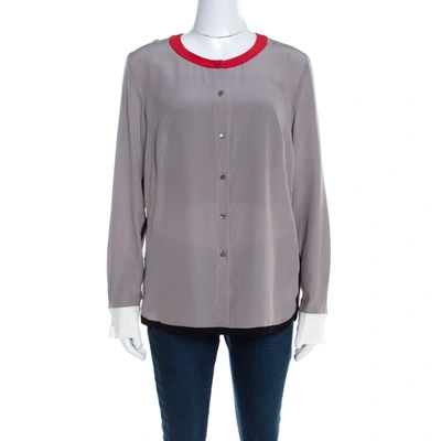 Pre-owned Escada Pewter Grey Silk Contrast Trim Long Sleeve Nendi Blouse M