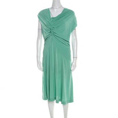 Pre-owned Escada Aqua Green Knit Ruched Draped Front Sleeveless Dress L