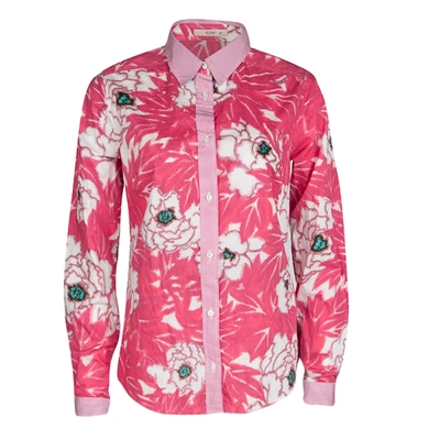 Pre-owned Etro Pink Floral Print Checked Collar And Cuff Detail Long Sleeve Button Front Shirt M