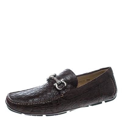 Pre-owned Ferragamo Brown Crocodile Leather Parigi Bit Loafers Size 44.5