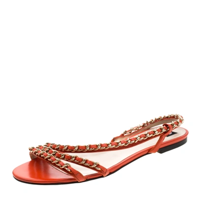 Pre-owned Dolce & Gabbana Orange Leather Chain Slingback Flat Sandals Size 38