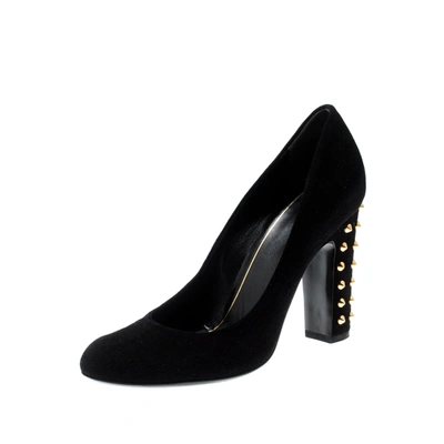 Pre-owned Gucci Black Suede Studded Block Heel Pumps Size 36.5