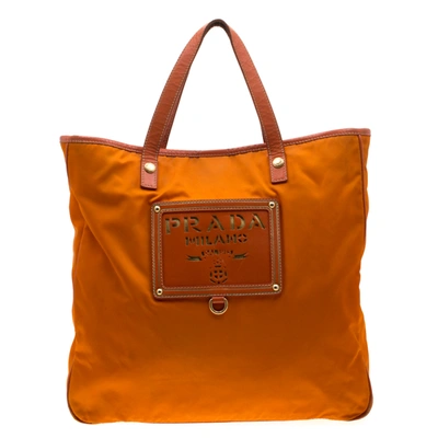 Pre-owned Prada Orange Nylon And Leather Lasercut Logo Tote