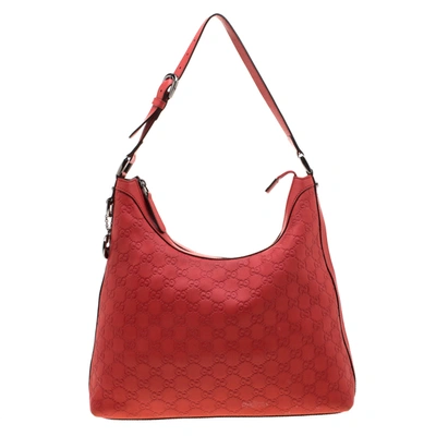 Pre-owned Gucci Ssima Leather Charm Hobo In Red