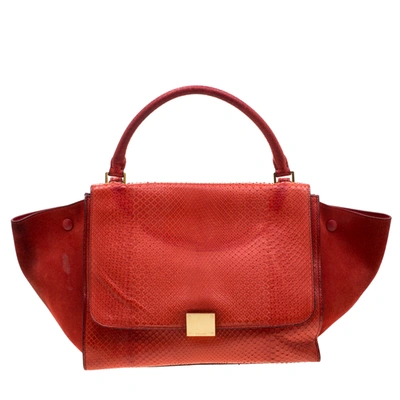 Pre-owned Celine Red Python And Suede Medium Trapeze Bag