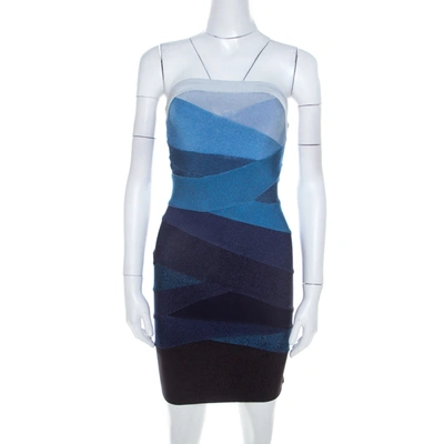 Pre-owned Herve Leger Ombre Blue Knit Strapless Bandage Mini Dress S