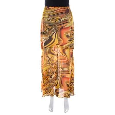 Pre-owned Escada Silk Chiffon Yellow Abstract Print Sheer Hem Skirt M