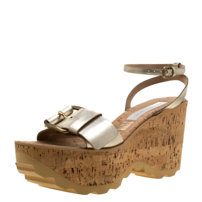 Pre-owned Stella Mccartney Metallic Gold Faux Leather Linda Cork Wedges Platform Sandals Size 40