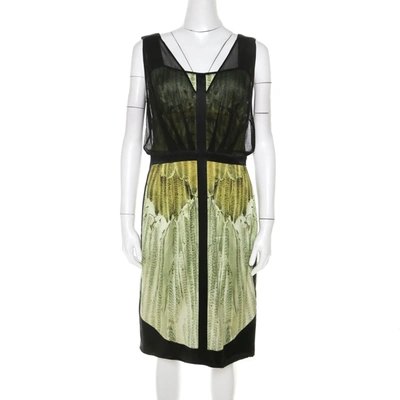 Pre-owned Narciso Rodriguez Green Satin And Black Mesh Overlay Sleeveless Dress M