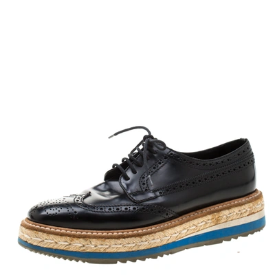 Pre-owned Prada Black Brogue Wingtip Leather Espadrille Derby Size 37.5