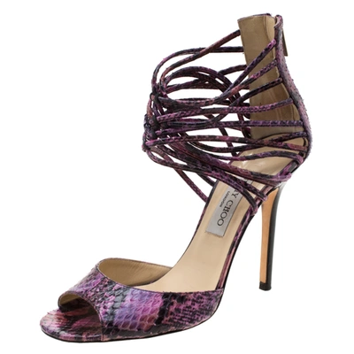 Pre-owned Jimmy Choo Mulitcolor Python Leather Shakira Strappy Sandals Size 39.5 In Purple