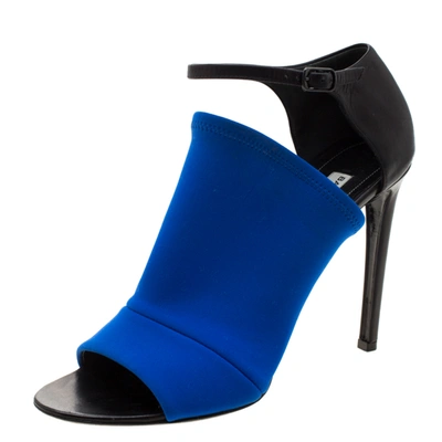 Pre-owned Balenciaga Blue Fabric And Black Leather Neoprone Peep-toe Ankle Strap Pumps Size 39.5