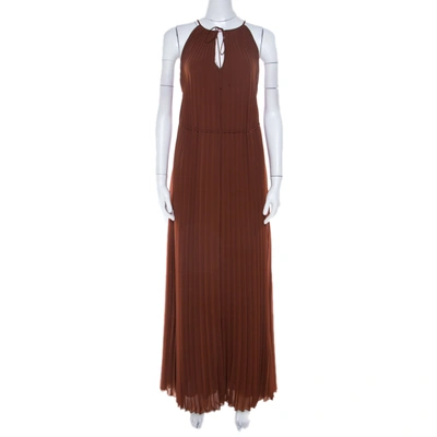 Pre-owned Elizabeth And James Cinnamon Brown Pleated Chiffon Cadence Maxi Dress S