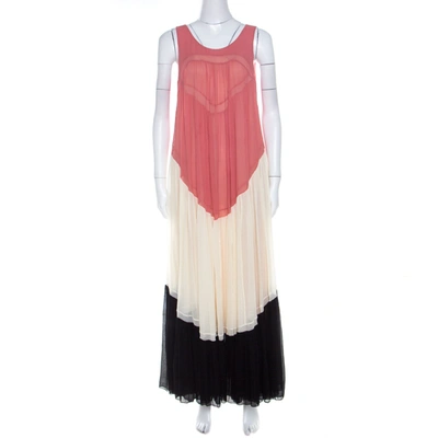 Pre-owned Chloé Coral Cream And Black Color Block Silk Chiffon Ruffled Maxi Dress M In Multicolor