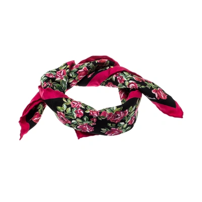 Pre-owned Dolce & Gabbana Black And Pink Rose Printed Silk Square Scarf