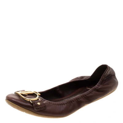 Pre-owned Dior Brown Leather Logo Scrunch Ballet Flats Size 35