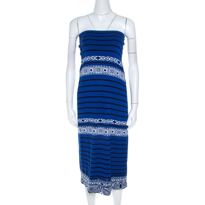 Pre-owned Emilio Pucci Blue Knit Aztec Pattern Strapless Dress S