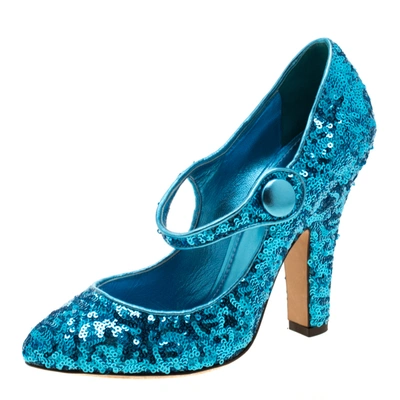 Pre-owned Dolce & Gabbana Blue Sequin Mary Jane Pumps 38