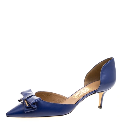 Pre-owned Ferragamo Blue Leather Rietta Bow D'orsay Pointed Toe Sandals Size 40.5