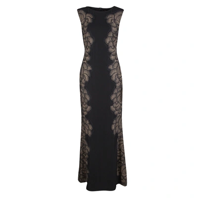 Pre-owned Tadashi Shoji Black Lace Applique Side Panel Detail Sleeveless Gown S