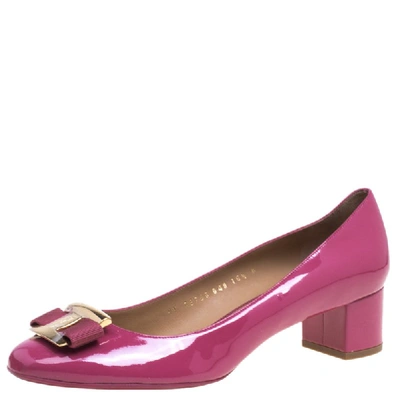 Pre-owned Ferragamo Rouge Pink Patent Leather Ninna Block Heel Pumps Size 41