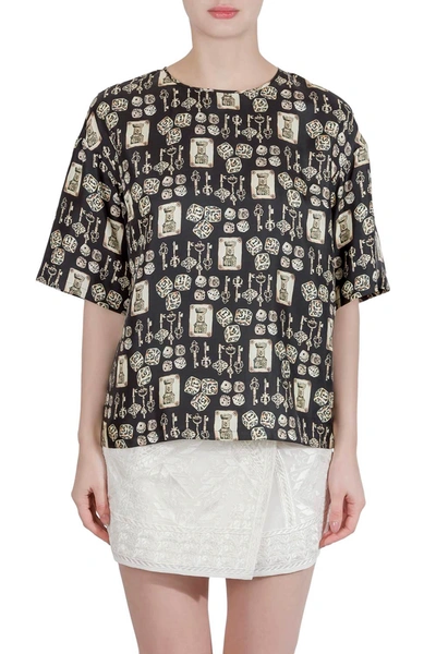 Pre-owned Dolce & Gabbana Black And Beige Dice Key Printed Silk Short Sleeve Top M