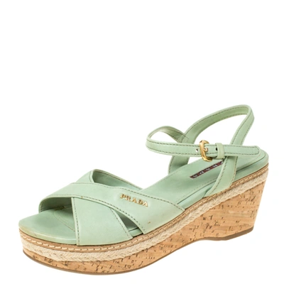 Pre-owned Prada Green Leather Ankle Strap Platform Espadrille Sandals Size 36