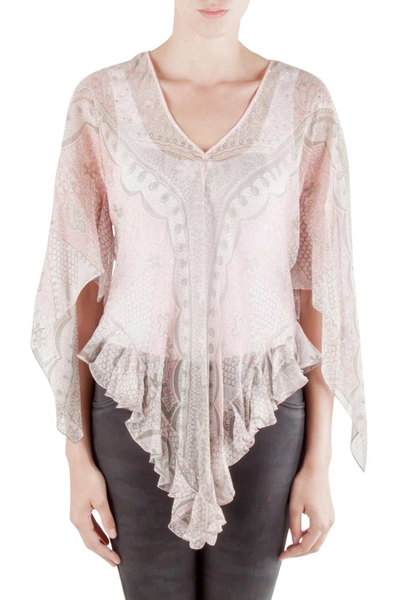 Pre-owned Zandra Rhodes Pale Pink Crinkled Chiffon Paisley Printed Top M